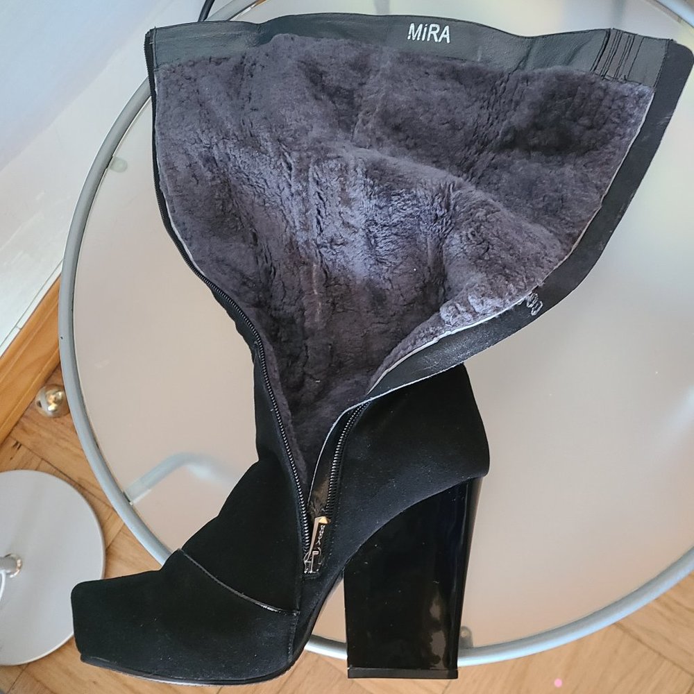GENUINE Black Suede  FUR  lined platform boots NEW in the box